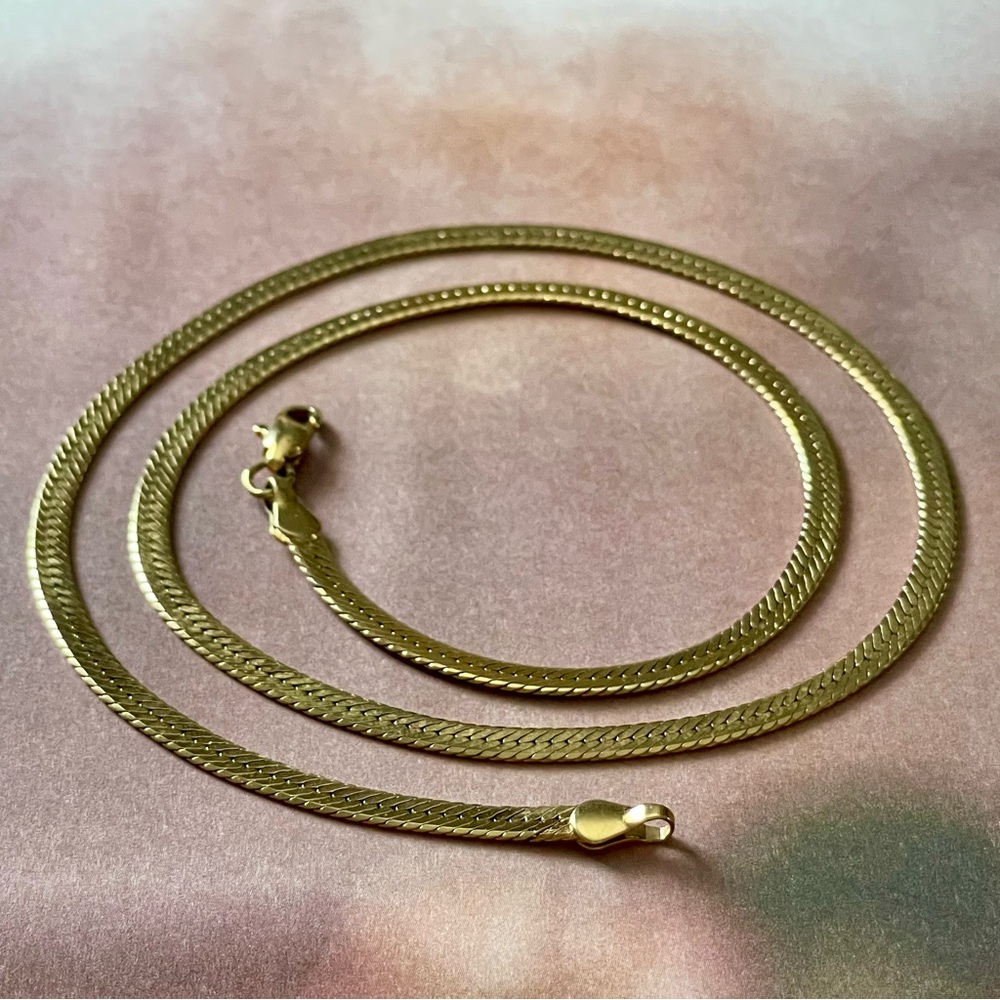 Vintage Gold-Tone Herringbone Necklace | 16” Flat Snake Chain | Retro Layering